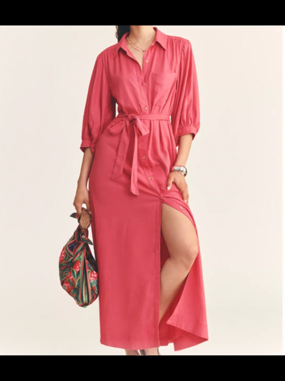 Maeve Coral Button-Front Shirt Dress with Belt